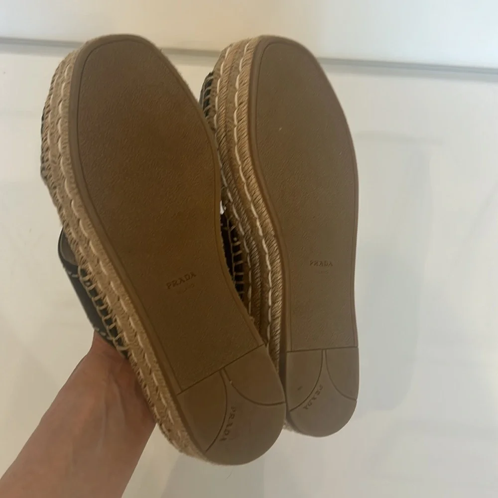 Prada Black Leather Espadrille Platform Sandals with Gold Footbed
